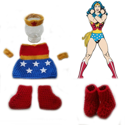 Imagem 1 de 1 de Conjunto Newborn Mulher Maravilha Croche Prop Vestido Bebe