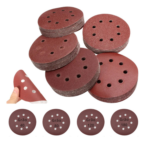40 Discos De Lixa 150mm 8 Furos Tipo Velcro Grãos Variados