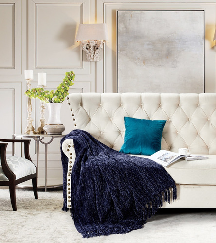 Imagen 3 de 3 de Pie De Cama Manta Tejida Chenille Importada Usa - Azul Noche