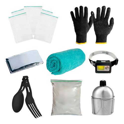 Kit Ziplock + Cal Virgem + Talher + Manta + Cantil + Lenço