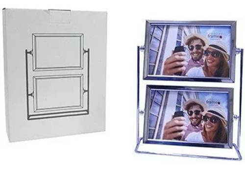 Porta Retrato Duplo Giratório Aço Inox Com 4 Fotos
