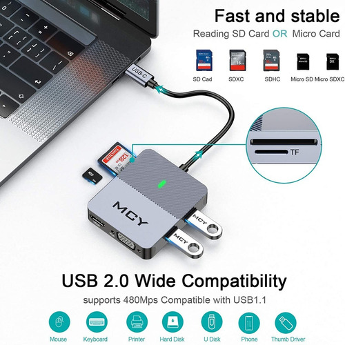 Imagen 5 de 7 de Hub Usb-c - 6 En 1 - 2 Usb 2.0 - 1 Pd - Vga - 1 Hdmi 4k - Sd