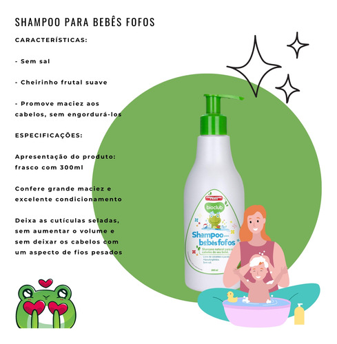 Kit 2 Shampoo Natural Bebês Fofo Suave 300ml Sem Sal Bioclub