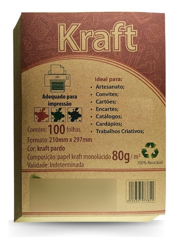 Papel Kraft 80g A4 Impressão Laser Jato Tinta - 100 Folhas