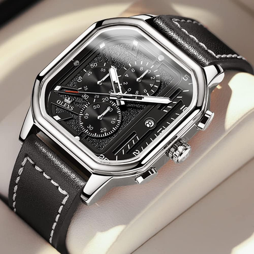 Olevs Relojes Cuadrados Para Hombres Cronógrafo De Cuero Mod