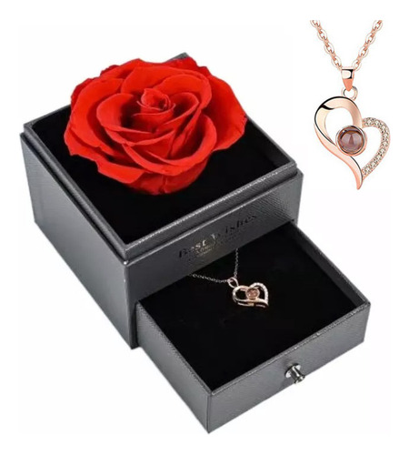 Rosa Eterna Preservada E Colar De Te Amo Em 100 Idiomas Cor Colar Dourado
