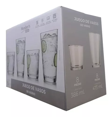 Juego Vasos De Vidrio Lisos 8 Pz 384ml + 8 Pz 473 Ml