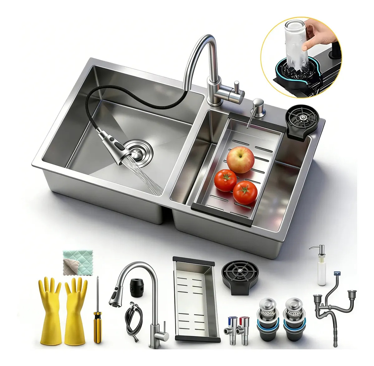 Fregadero de Cocina con Doble Tarja, de Acero Inoxidable 304 y Grifo Extraíble