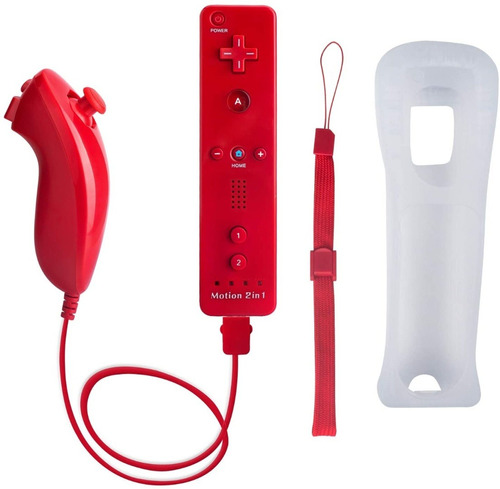 Control Wii Mote Motion Plus Y Nunchuk Con Funda Correa Rojo