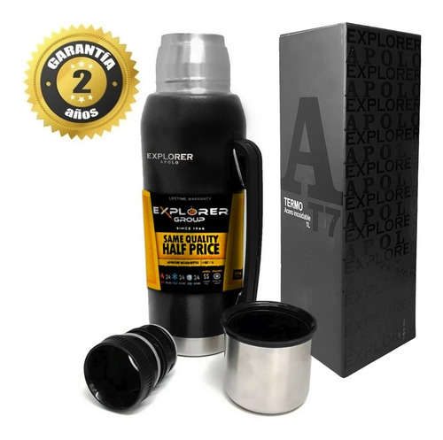 Imagen 2 de 9 de Termo Acero Inoxidable Explorer 1 Litro Manija + Vaso 750 Ml
