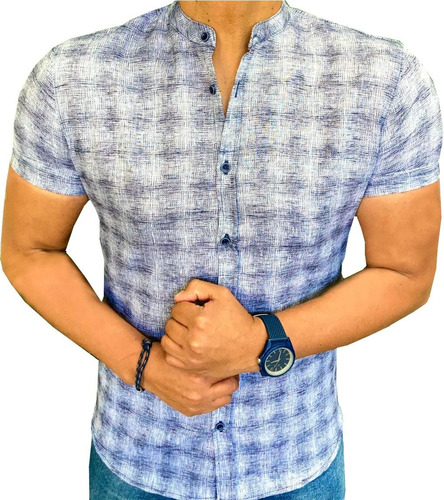 Camisa Cuello Mao Tipo Lino Hombre Manga Corta Slim Fit