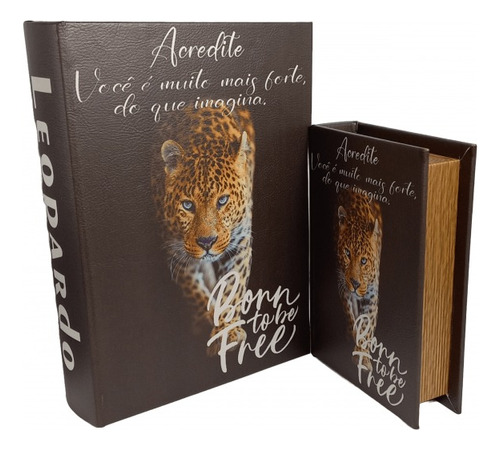 Conjunto Com 2 Caixas Livro Decorativo Em Madeira Leopardo