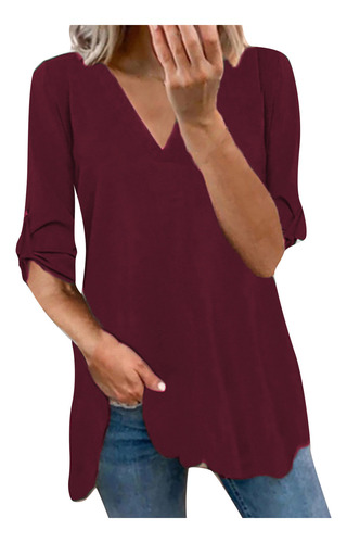 Blusa Casual De Manga Larga Con Cuello En V Y Blusa Lisa Par