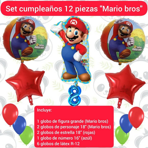 Set 12 Globos Decoración Cumpleaños Super Mario Bros