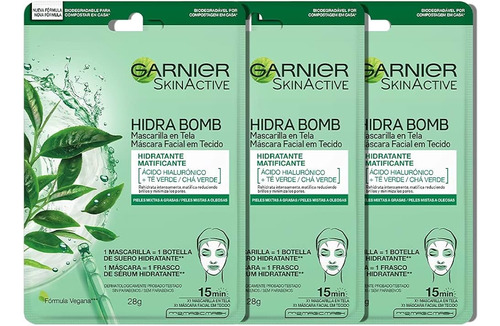  Pack 3 Mascarilla En Tela Garnier Hidra Bomb Matificante