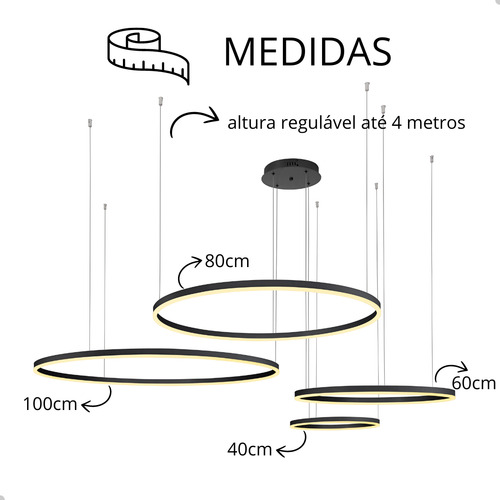 GMH Lustre Luminária Pendente Led 4 Aneis Arcos Moderno Pé Direito Alto Duplo 4m regulagem Recepção Sala Estrutura Preto 127/220v Luz amarela 3000k branco quente