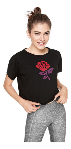 Remera Corta Negra Rosa Strasses M Pink Victoria's Secret