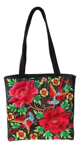 Bolsa Bordada Grande Artesanal Flores Y Pájaros Tres 3*pzas