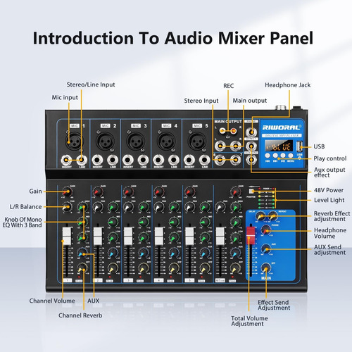 Audio Interface Mixer Riworal 4 Channel W/ Bluetooth +48v