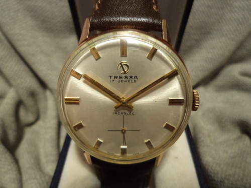 Precioso Reloj Tressa Antiguo 1960 Oro Plaque 18k Poco Uso!! Marrón Oscuro Dorado Plateado Soleil (Usado)