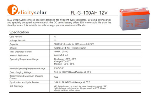 Batería Solar De Gel Ciclo Profundo 12v, 100ah