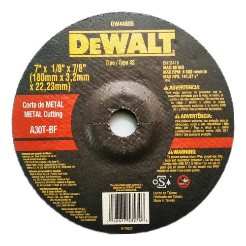 Disco Dewalt Corte Metal 7 Pulgx1/8x7/8 / 180 Mm X 3.2 Mm