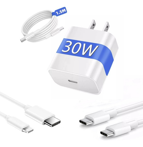 Cargador Rápida 30w Para iPhone Samsung + Tipo C Con 2 Cable