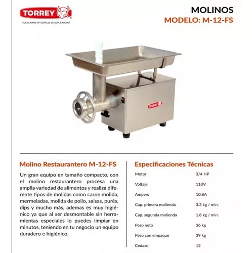 TORREY M-12-FS MOLINO CARNE ACERO INOXIDABLE 3/4 HP 0M12FS