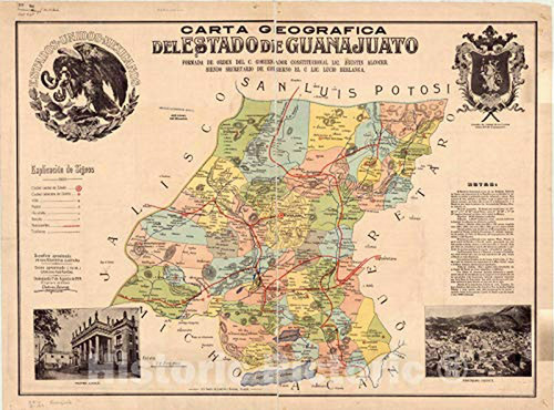 Mapa Histórico De Guanajuato 1919: Reproducción Vintage 24in
