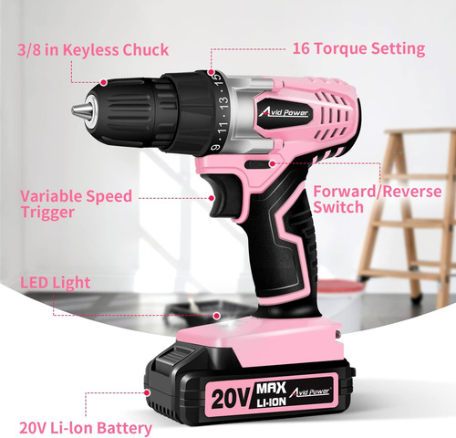 Kit De Taladro Inalámbrico Avid Power, Con Brocas, Rosa
