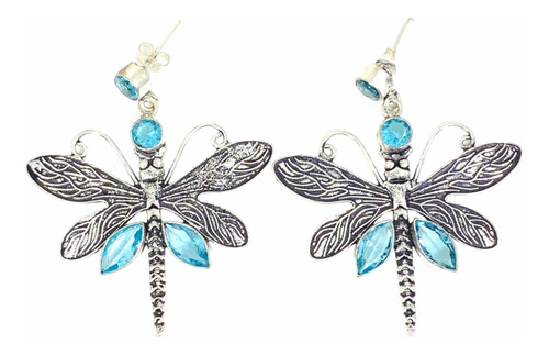 Aros Plata India Libelula Topacio Azul 100% Natural Alta-345