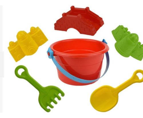 Set Playa 6 Pcs, Balde, 3 Moldes, Pala Y Rastrillo Bolsa Red