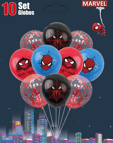 Imagen 1 de 2 de Set 10 Globos Latex Spiderman Confetti Feliz Cumple