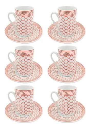 Conjunto Jogo 6 Xícaras E 6 Pires Porcelanas 90ml Café Chá Cor Vermelho E Branco Vermelho E Branco