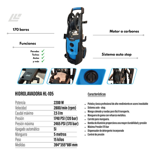 Hidrolavadora Logus 170bar 2200w Autostop+disp Jabon
