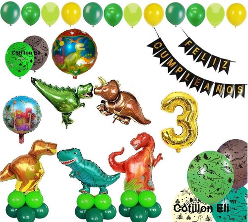 Imagen 1 de 4 de Kit Deco Feliz Cumple Globos Dinosaurios Banderin Y Numero
