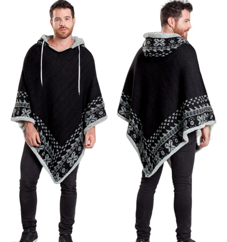Ruana Poncho Hombre Doble Faz Liviana Urbana Con Capota