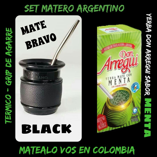 Mate Argentino Bravo Black+bombilla Saca Yerba +yerba Menta