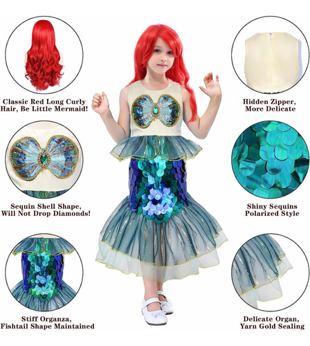 Disfraz De Princesa Ariel La Sirenita Para Niña Con Peluca