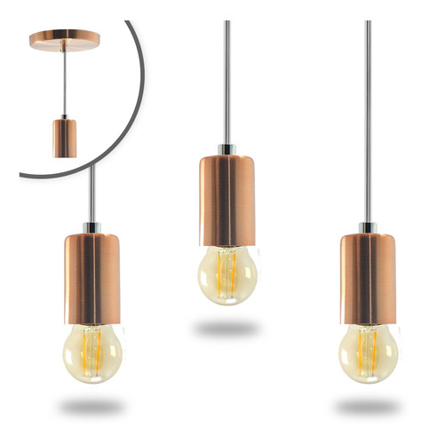 Iluminar Ambiente Kit 3 Pendente Soquete Copinho E27 Rose Gold + Led G45 Cor Rosa 110V/220V