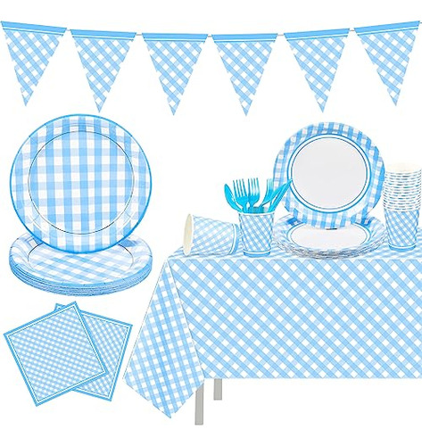 198 Pcs Light Blue And White Gingham Party Supplies For...