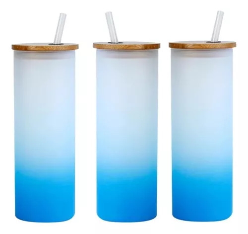 Pack 3 Vasos Tapa Bambú Para Sublimacion 17 Oz 500 Ml Azul