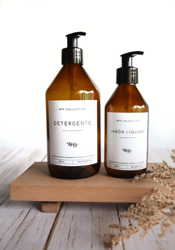 Set Dispenser De Vidrio Ámbar Detergente Y Jabón Liquido