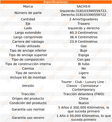 2- Amortiguadores Gas Traseros 75 2.5l V6 2003/2005 Sachs