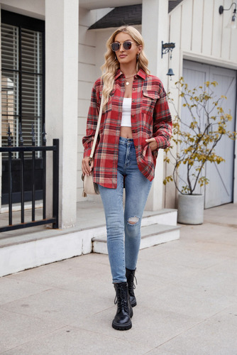 Blusa De Manga Larga Para Mujer Cuadros Moda Bolsillo Suelto