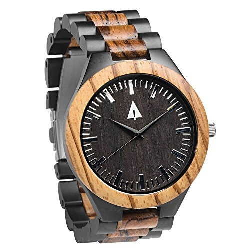 Treehut Hombres Zebrawood Madera Negro Acero Inoxidable Relo