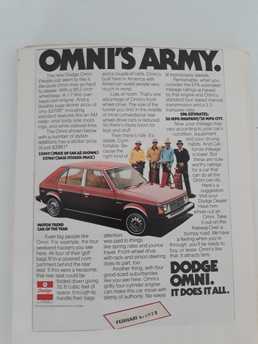 Propaganda Antiga Dodge Omnis Army 1978 Raro Anúncio