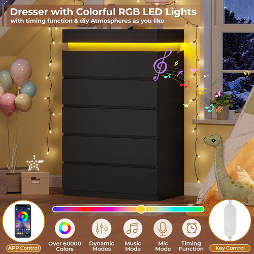 Haumous Cómoda Alta De 5 Cajones Con Luz Led Negro