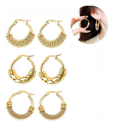 3 Pares Aretes Para Mujer Oro 14k Set Arracadas Moda.