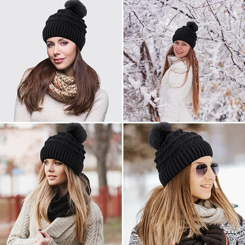 Gorro De Punto Pompom Para Mujer, Gorro De Invierno Con Form